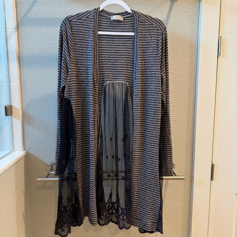 Altar'd State Gray Striped Cardigan with Lace Hem